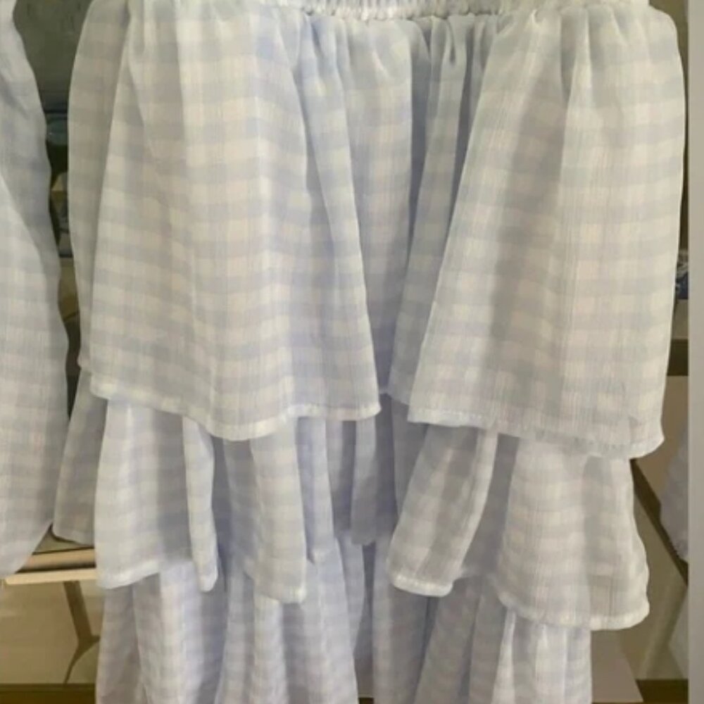 Madden NYC blue white check ruffle tiered smocked dress on/off shoulder XS EUC